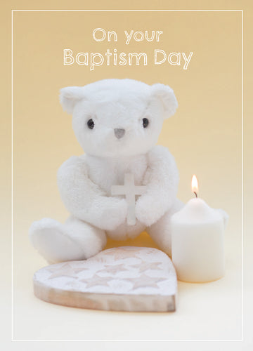 Baptism Card - Toy Bear/Cross And Candle - Leonard Smith