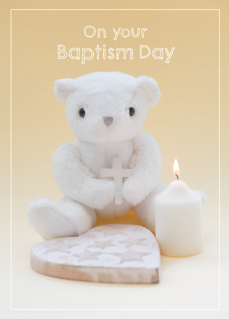 Baptism Card - Toy Bear/Cross And Candle - Leonard Smith