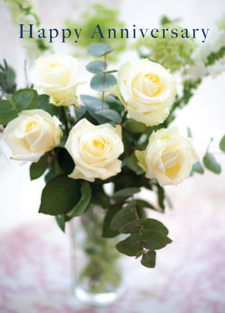 Anniversary Card - White Roses In Vase