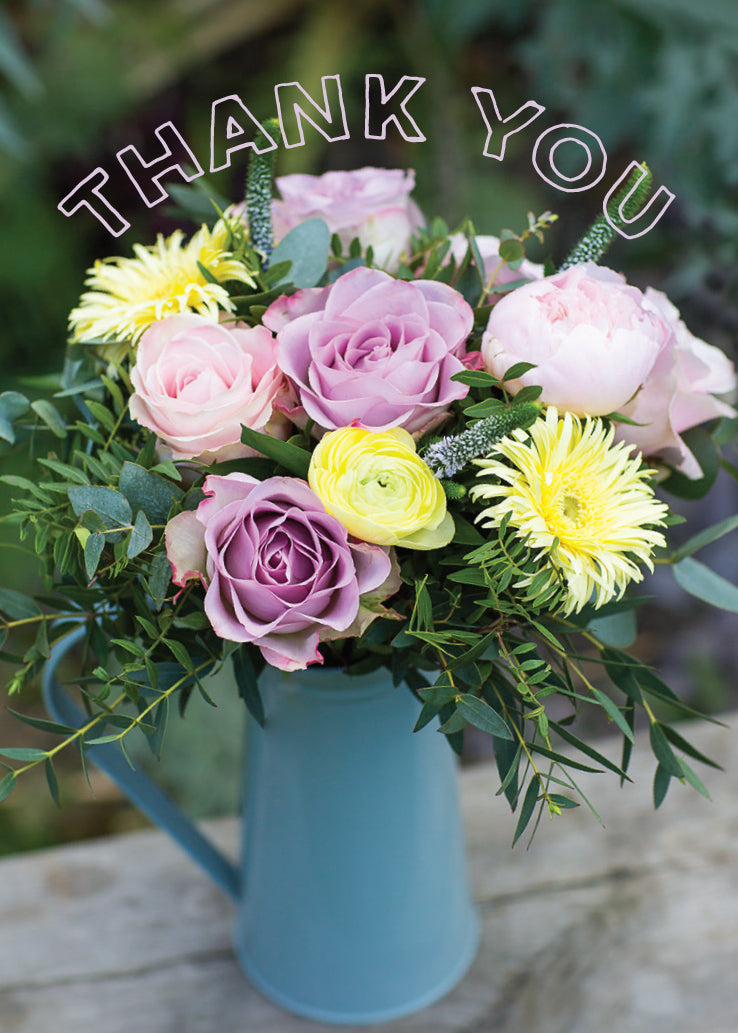 Thank You Card - Pink Roses In Blue Jug